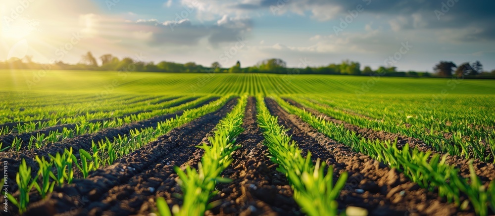 Fototapeta premium On a sunny spring morning, a field with rows of young green wheat sprouts, creating an ideal copy space image.