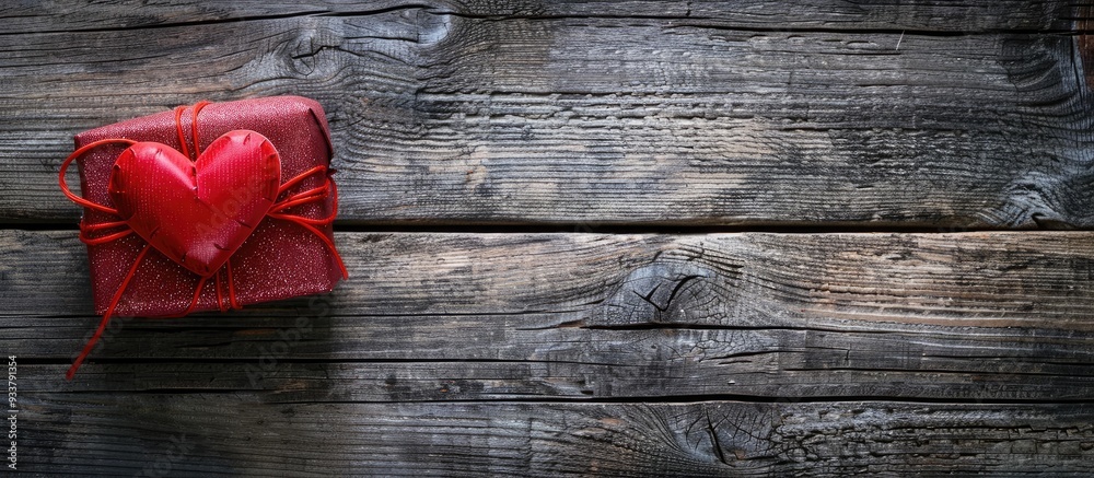 Fototapeta premium Valentine's Day love symbolized by a red heart gift on a wooden background with open space for text or images. image with copy space