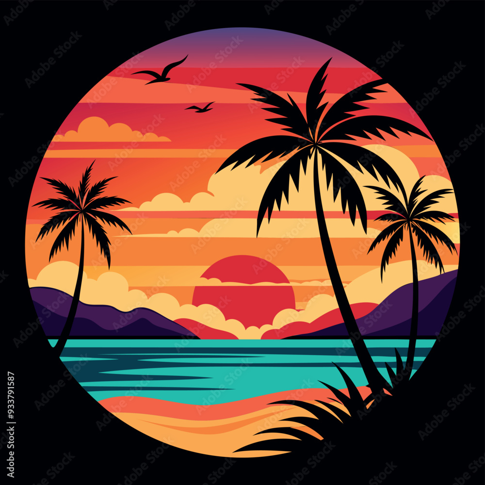 Fototapeta premium Summer Vector graphic for t-shirt design with beach, sunset, and palm tree