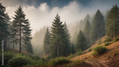 Foggy Forest Path with Tall Pine Trees