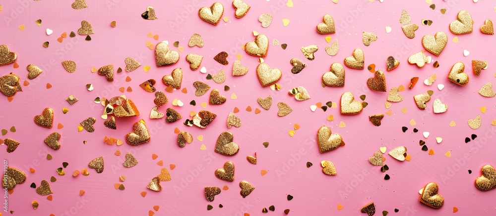 Heart-shaped gold confetti scattered on a pink backdrop, ideal for festive occasions with a celebration and party theme. Copy space image.