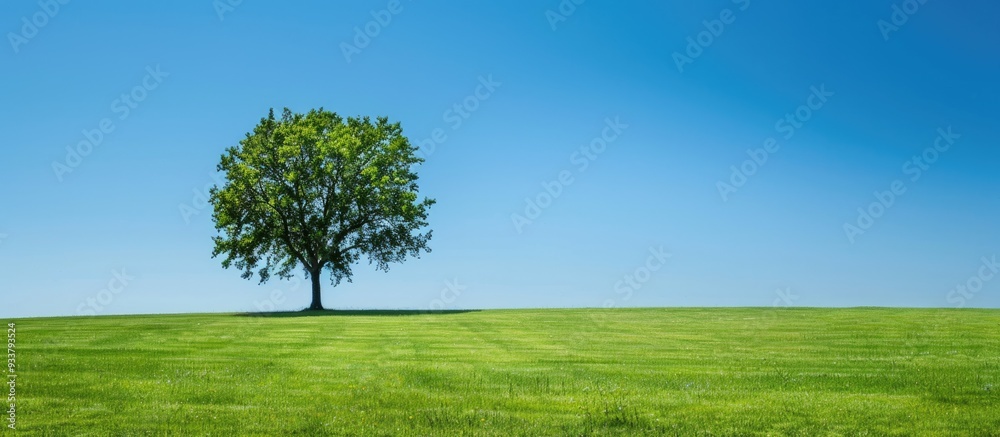 Fototapeta premium Single tree in a vast field, standing tall under a clear blue sky with plenty of copy space image.