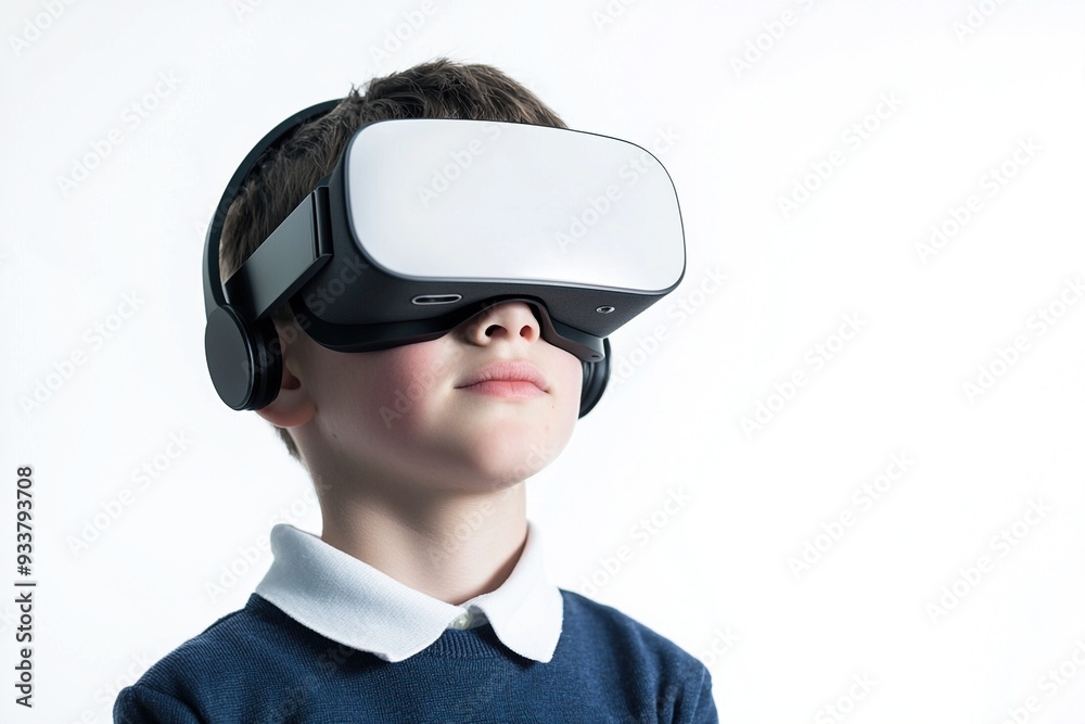 Portrait of a school boy wearing and using virtual reality headse. VR goggles. Isolated on white background. Generative Ai Portrait of a school boy wearing and using virtual reality headse. VR goggles. Isolated on white background. Generative Ai