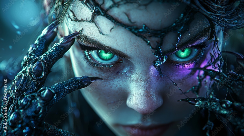 Close-up of a witch's blue eyes with elaborate makeup and eyelashes. Close-up of a witch's blue eyes with elaborate makeup and eyelashes.
