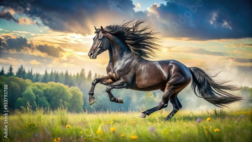 A majestic black stallion gallops freely in a lush, sun-drenched meadow, its mane wildly flowing in the wind, exuding untamed power and unbridled freedom.