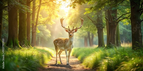 A majestic fallow deer with white spots on its back pauses on a serene forest path, surrounded by lush greenery and diffused sunlight filtering through trees.