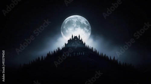 mcdonalds looks like a spooky castle on a hill, silhouetted by a large full moon, crooked graveyard in forground surrounded by fog, 3D illustration