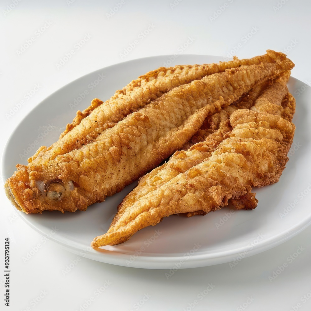 Three pieces of fried squid on a white plate. Three pieces of fried squid on a white plate.