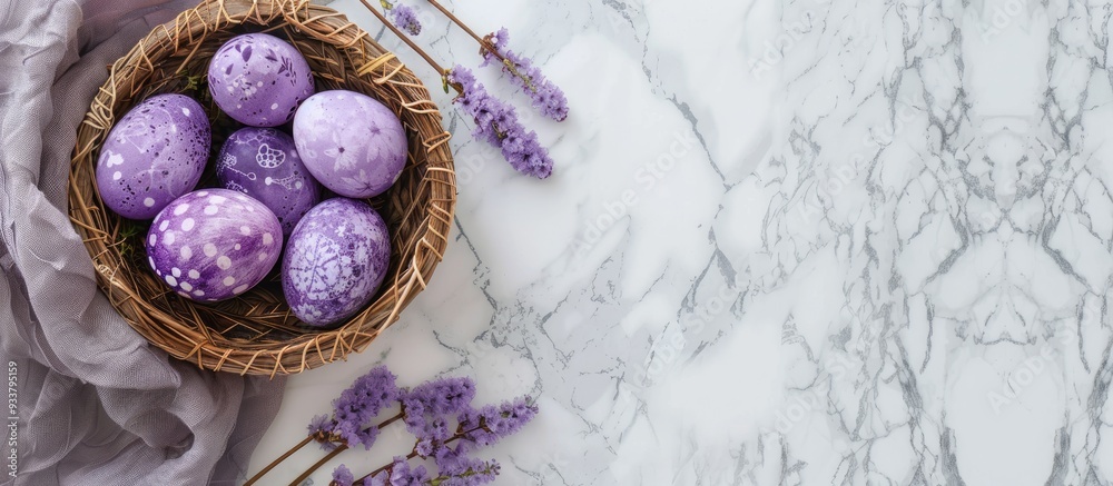 Purple Easter eggs are in a basket on a marble backdrop with a postcard featuring copy space image. Purple Easter eggs are in a basket on a marble backdrop with a postcard featuring copy space image.