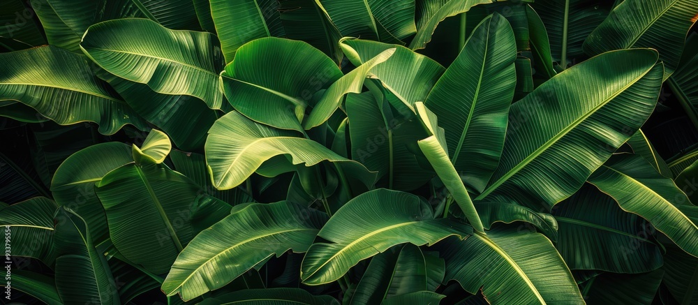 Obraz premium Lush green banana leaves in a tiny garden provide a vibrant backdrop for a copy space image.