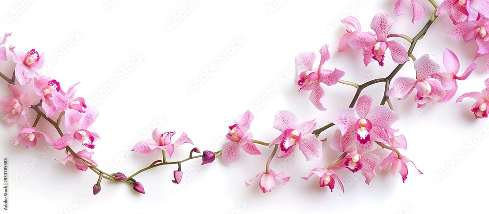 Fototapeta premium Pink dendrobium orchid flowers in bloom on a white backdrop with copy space image.