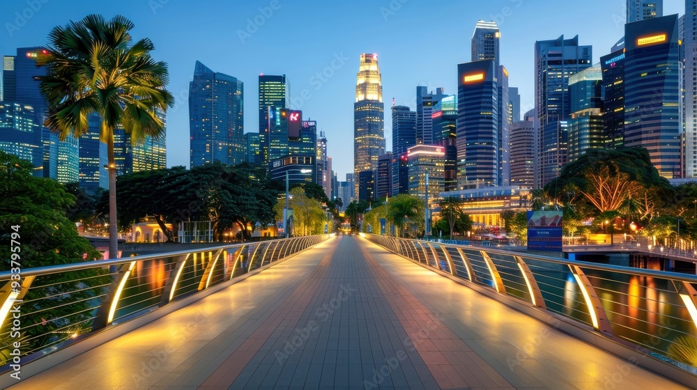 Obraz premium Singapore Skyline at Dusk with Bridge and Palm Trees