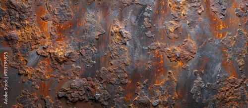 Top view of a weathered metal sheet showing heavy rust; background banner like a flat lay copy space image. photo