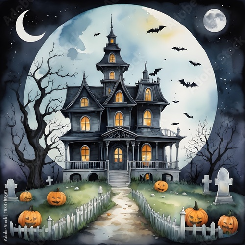 A haunting watercolor painting of a Victorian-style mansion bathed in the eerie glow of a full moon. 