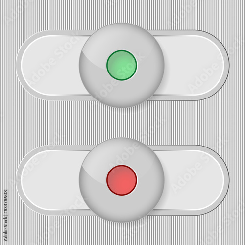 On - Off switches, white plastic with 3d effect, with red and green buttons, vector illustration