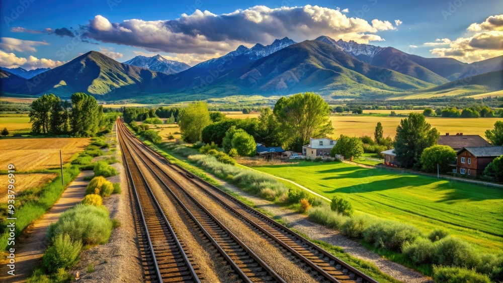 Fototapeta premium Sunny day in Windsor, Colorado, with a scenic view of the Great Western Railway train tracks surrounded by lush green fields and mountains.