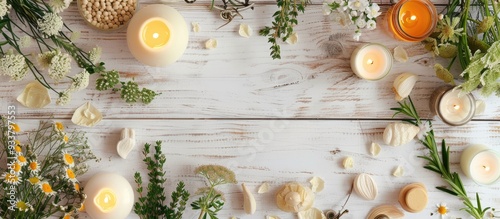 Wallpaper Mural Healing herbs and candles arranged on a white wooden surface for a calming ambiance, suitable for herbal medicine promotion. Top-down view with available copy space image. Torontodigital.ca