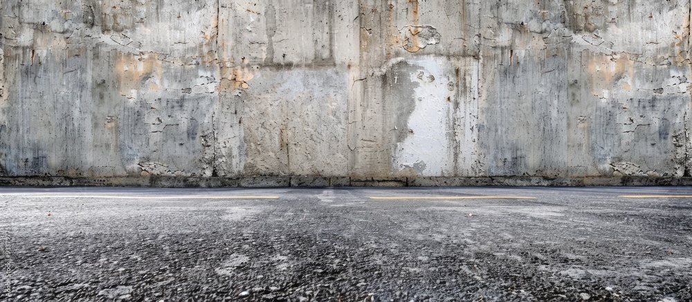Panoramic shot of asphalt road with an old, rough concrete wall in the background, offering ample copy space image. Panoramic shot of asphalt road with an old, rough concrete wall in the background, offering ample copy space image.