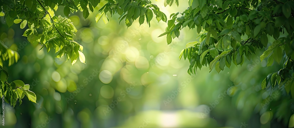 Obraz premium Spring gave life to lush green leaves in the Linden alley, creating a picturesque scene with a copy space image in the background.