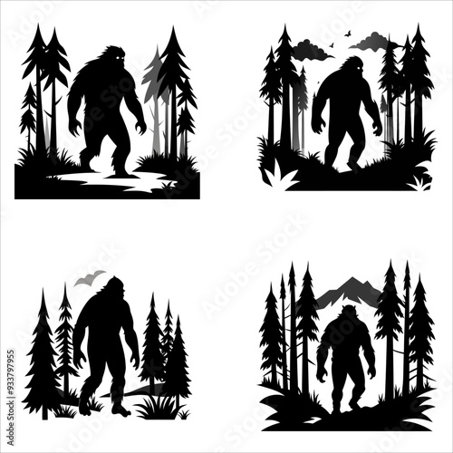 Dramatic Black Silhouette of Bigfoot Walking Through Dense Forest, Hinted Trees and Foliage in Background, Clean White Backdrop