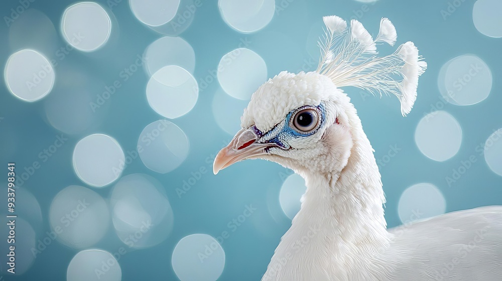 Obraz premium Elegant white peacock portrait with soft bokeh background, showcasing its unique features and color against a serene backdrop.