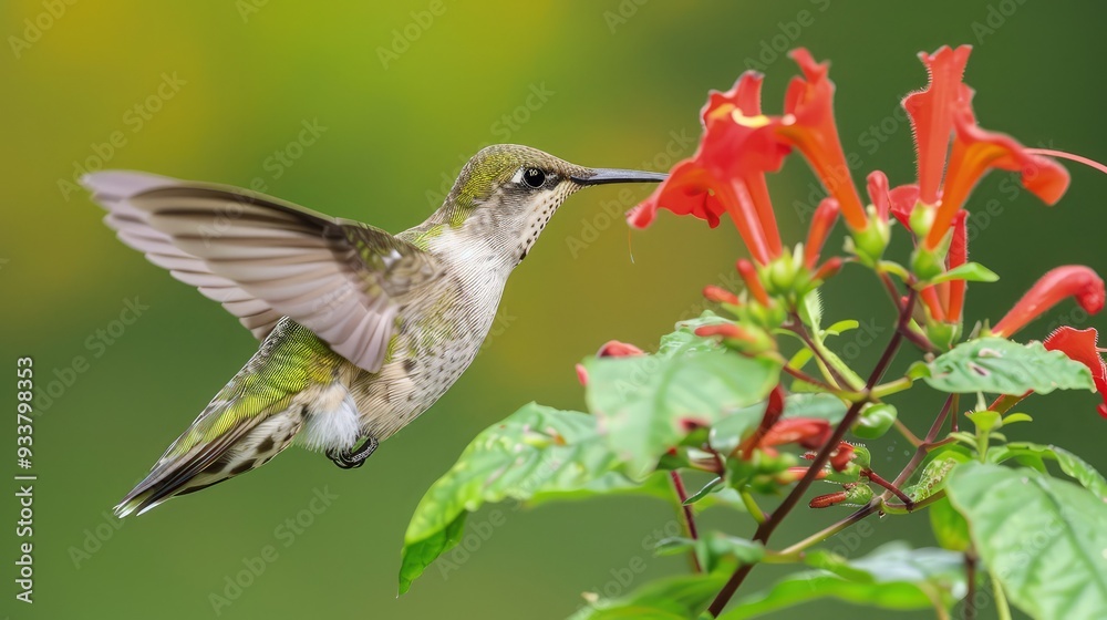 Fototapeta premium A close-up view of a hummingbird with its wings in rapid motion as it feeds from a vivid red flower.