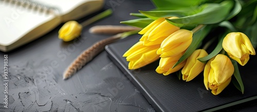 Yellow tulip bouquet on a black table with a notebook and a cat tail in the background, creating a serene copy space image. photo