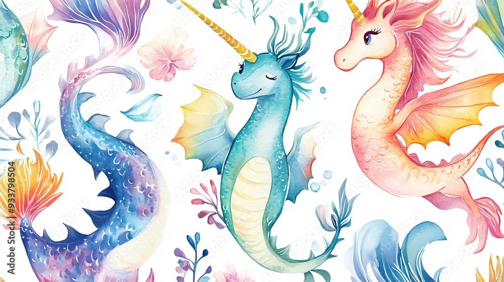 Obraz premium A whimsical background featuring a mix of birds and fish, with vibrant illustrations of flowers, dragons, and dinosaurs, all blended into a playful and artistic design