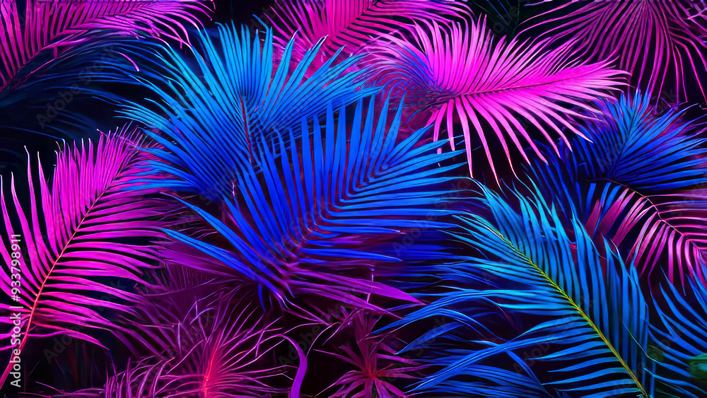 Purple blue and pink neon exotic tropical plant leaves background. Purple blue and pink neon exotic tropical plant leaves background.