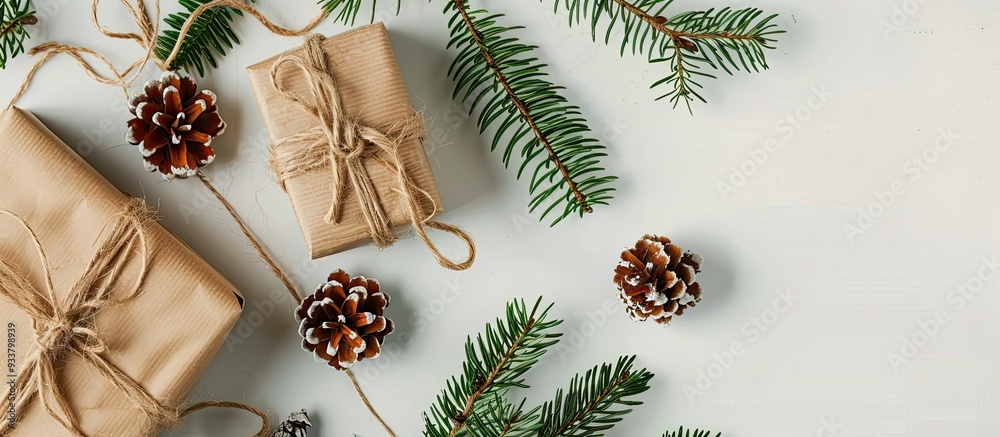 Minimalistic gift wrapping with craft paper, adorned with Christmas tree branches on a white backdrop, embodying the Christmas and New Year spirit with available copy space image. Minimalistic gift wrapping with craft paper, adorned with Christmas tree branches on a white backdrop, embodying the Christmas and New Year spirit with available copy space image.