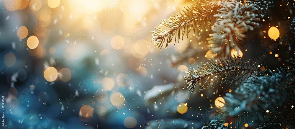Obraz premium Winter scene with a fir tree, snowflakes, and golden bokeh for holiday vibe. Blurry background perfect for text in a copy space image.