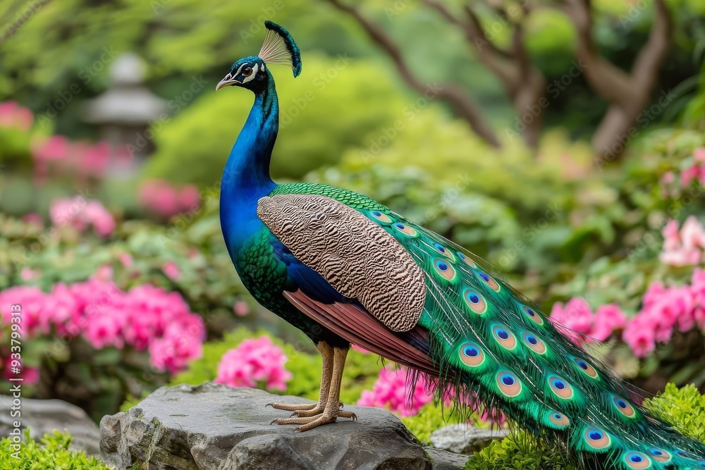 Obraz premium A vibrant peacock displaying its magnificent feathers in a lush garden surrounded by colorful flowers.