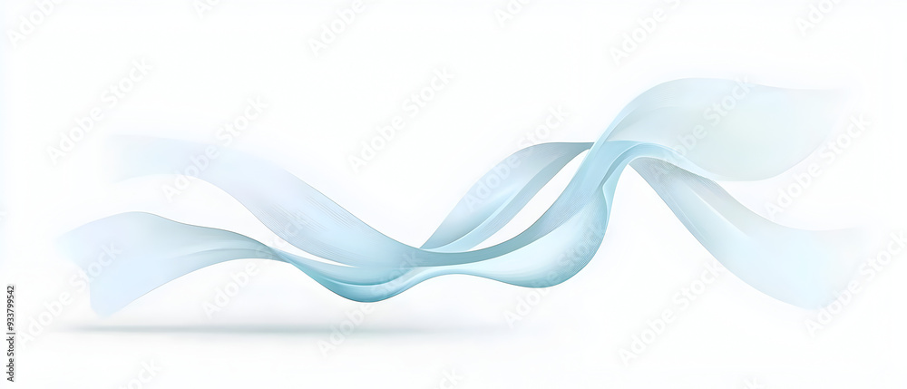 Fototapeta premium A flat vector illustration of a flowing ribbon in the wind, smooth wavy lines, soft blue fabric with subtle shading, abstract wind lines curving around the ribbon. White background