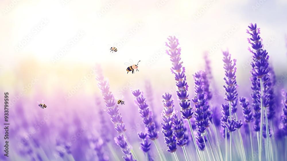 Fototapeta premium A lavender field with cartoon bees buzzing around, watercolor sky