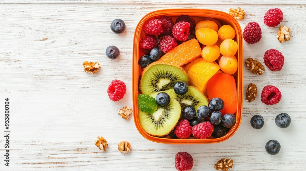 Road trip lunch box filled with of fruits, berries and crunches on white wooden background, snack food travel, Road trip lunch box filled with of fruits, berries and crunches on white wooden background, snack food travel,