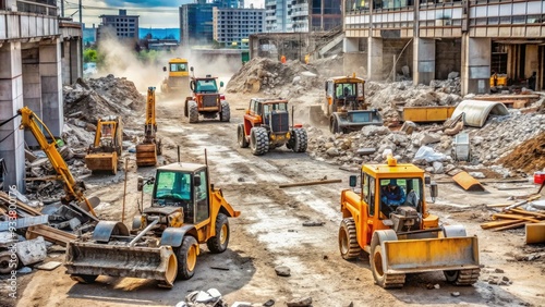 Wallpaper Mural Sweepers and heavy machinery at a construction site, surrounded by debris and rubble, awaiting a thorough cleaning service to restore the area to working order. Torontodigital.ca