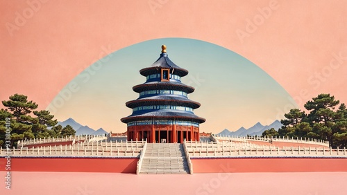 Paper folded Temple of Heaven on a pastel peach background with room for writing