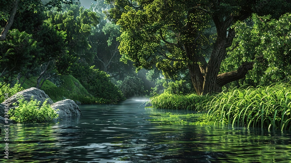 Fototapeta premium Tranquil River Through Lush Green Forest - 3D Illustration