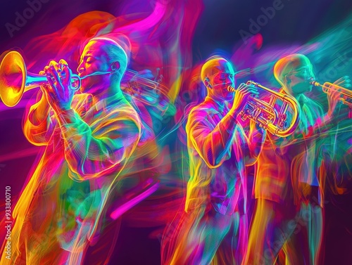 A vibrant and colorful trumpet performance, capturing the energy and passion of live jazz music in a dynamic abstract style. photo