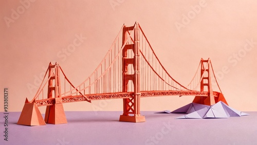Origami Golden Gate Bridge on a pastel peach backdrop leaving space for writing