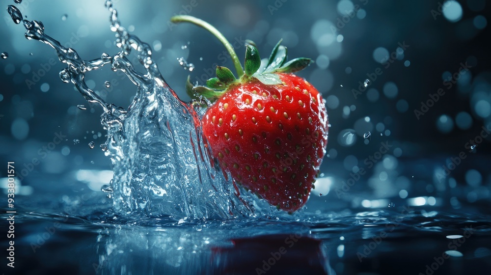 A dynamic image of a strawberry plunging into water, with a splash that highlights its juicy texture A dynamic image of a strawberry plunging into water, with a splash that highlights its juicy texture