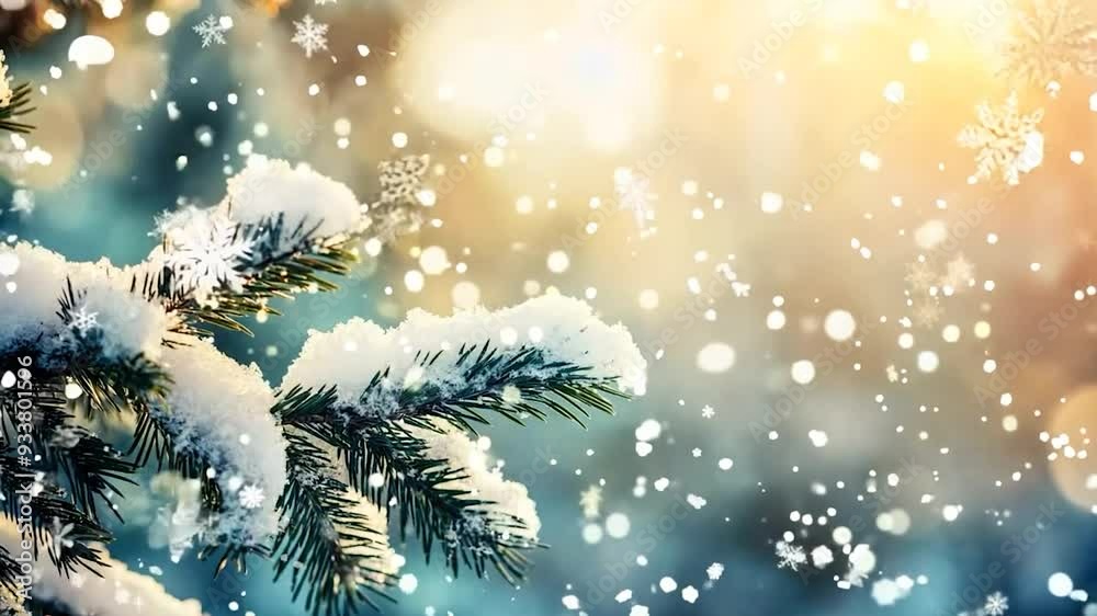 Snow gently falls on a snow-covered pine branch, creating a magical winter scene perfect for festive greetings