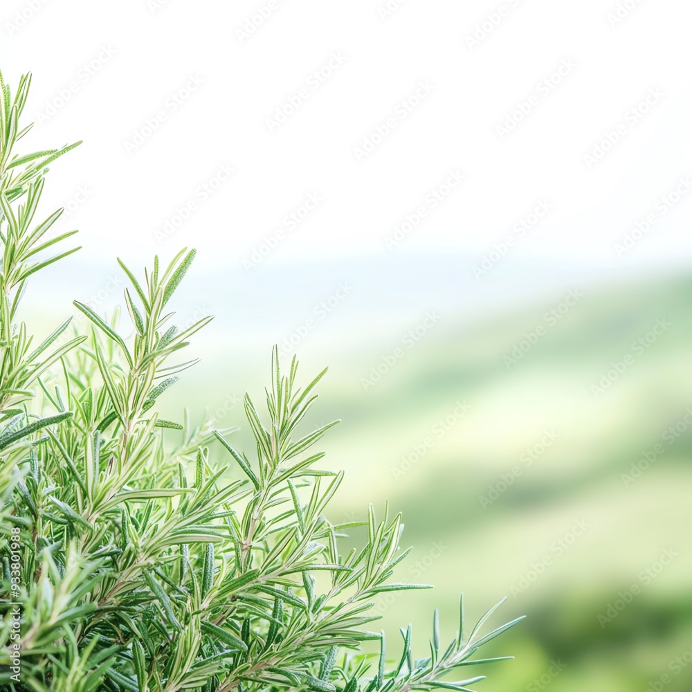 Rosemary bushes with a watercolor background of gentle hills