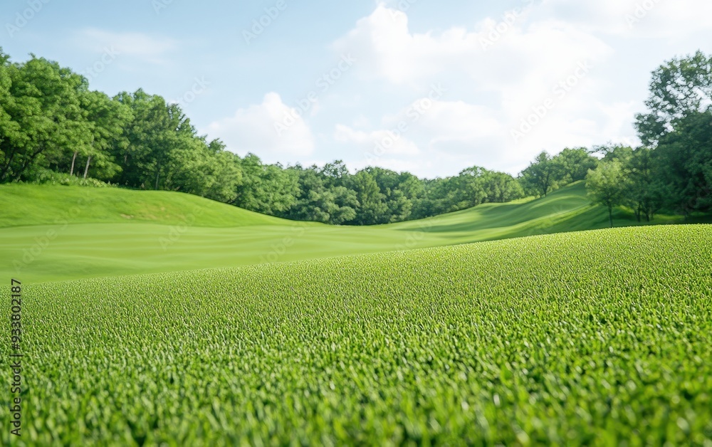 A scenic view of a lush green golf course under a clear blue sky, perfect for relaxation and outdoor activities. A scenic view of a lush green golf course under a clear blue sky, perfect for relaxation and outdoor activities.
