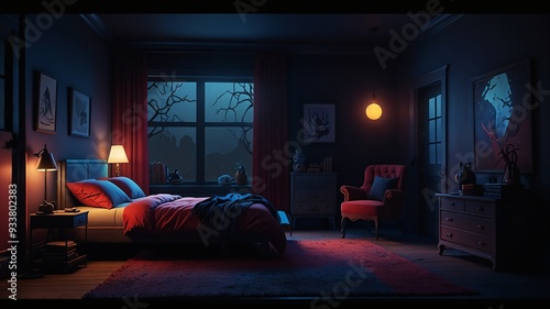 A cozy, dimly-lit bedroom at night with a warm glow from lamps, a large window showing the dark outside, and an inviting bed, evoking a sense of comfort and relaxation.