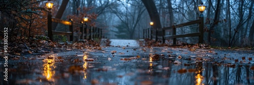 A serene autumn evening scene on a wet pathway illuminated by street lamps, reflecting the orange and blue hues amidst the bare trees and scattered fallen leaves photo