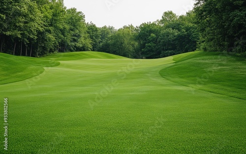 A serene landscape of lush green hills and peaceful trees, perfect for golf course imagery and nature enthusiasts alike.