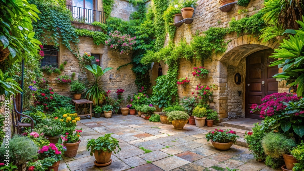 Fototapeta premium Stone terrace in the courtyard with lush green plants and flowers, stone, terrace, courtyard, greenery, plants