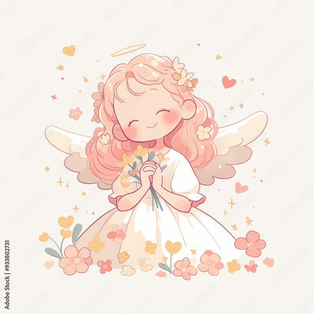 A cute angelic character with pink hair, smiling and holding flowers surrounded by hearts and sparkles, perfect for whimsical designs. A cute angelic character with pink hair, smiling and holding flowers surrounded by hearts and sparkles, perfect for whimsical designs.