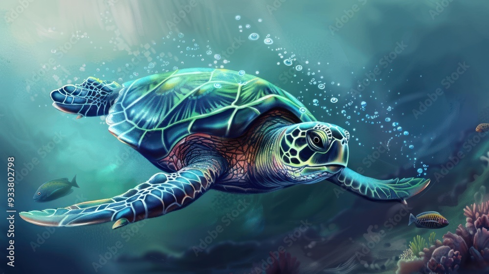Fototapeta premium Green Sea Turtle Swimming Underwater.